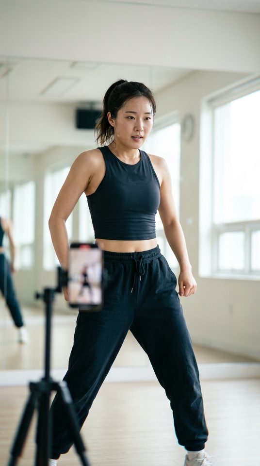 A dancer filming a routine in a mirrored studio.