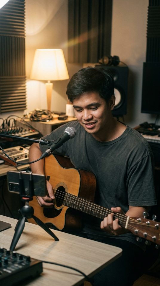 A musician recording in a home studio.