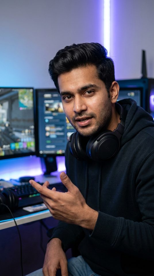 A gaming creator talking to camera at a lit desk setup.