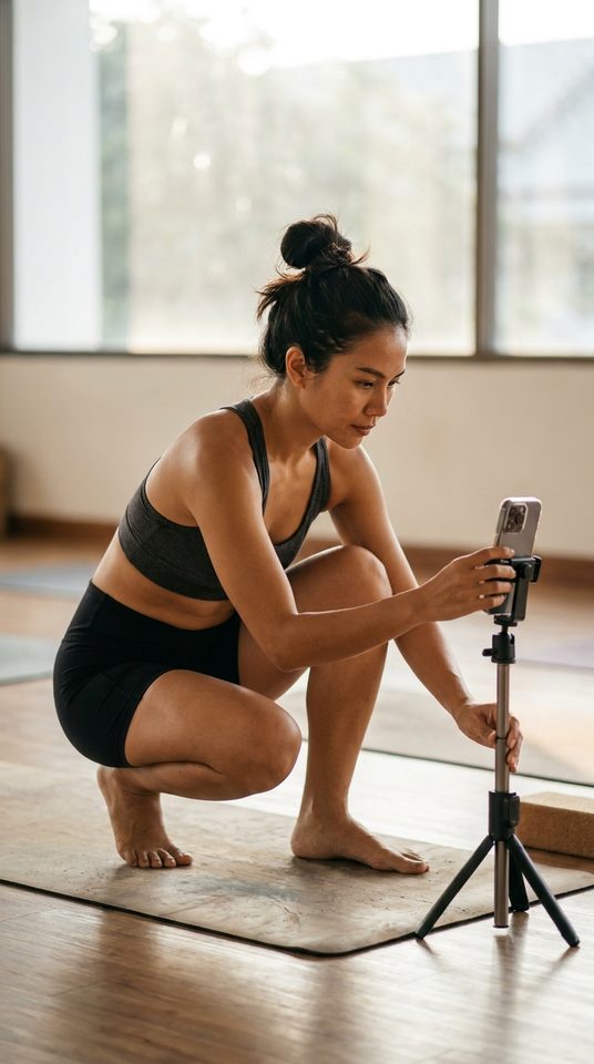 A wellness creator setting up a phone to film a yoga session.